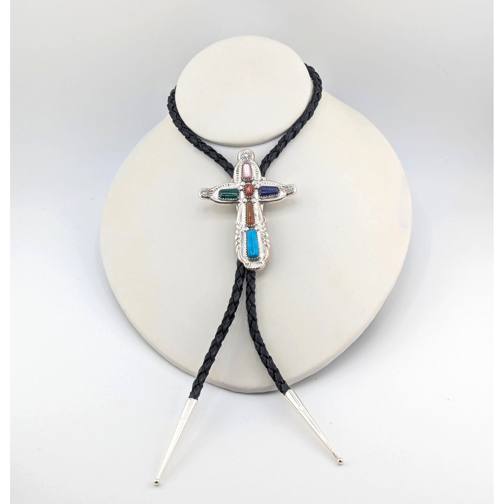 Handmade Zuni Cross Multi Stone Leather Bolo Tie Sterling Silver NA Accessory **